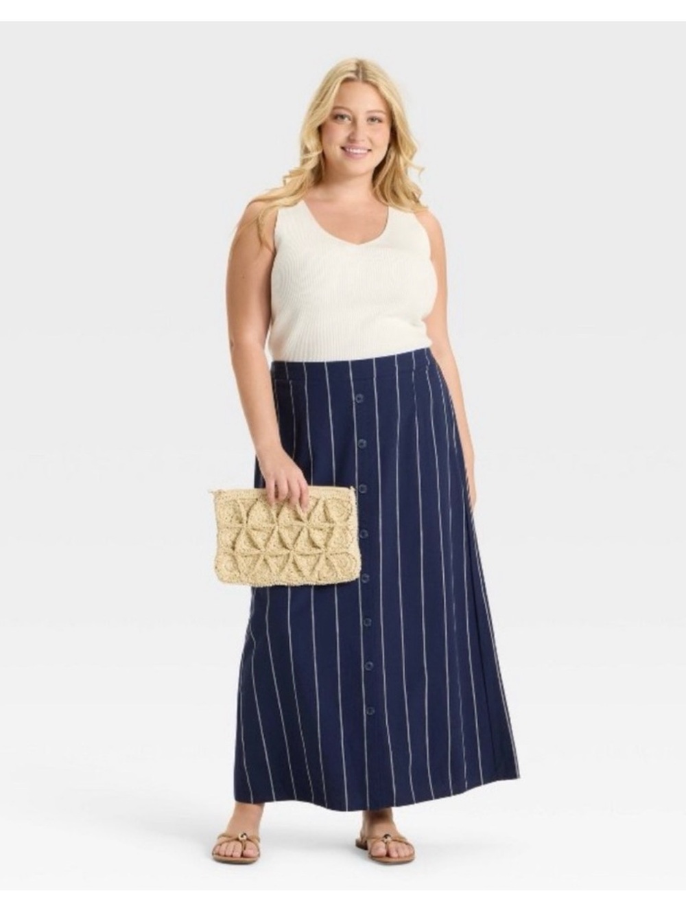 Ava and viv Navy Stripe Button-Front Maxi Skirt - Casual Everyday